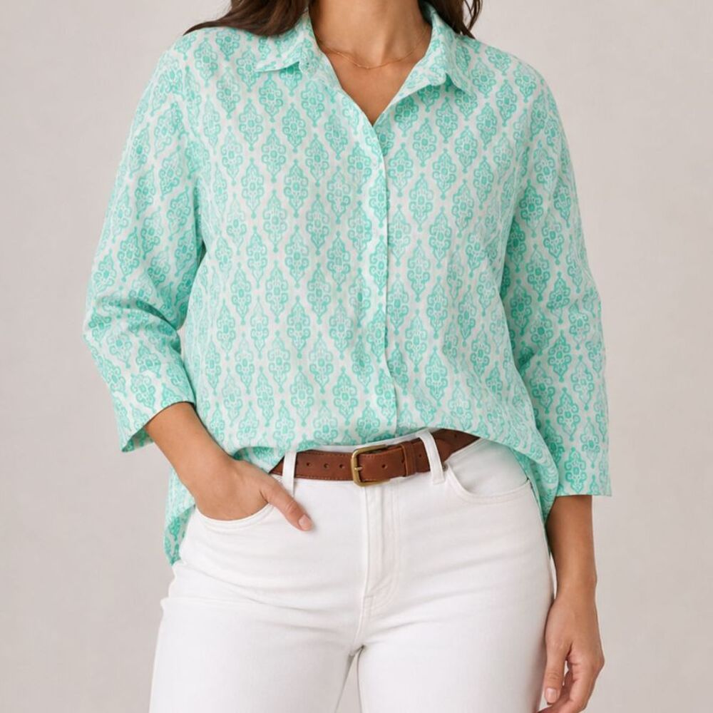 Chico’s Linen Button Down Shirt Mint White Medium